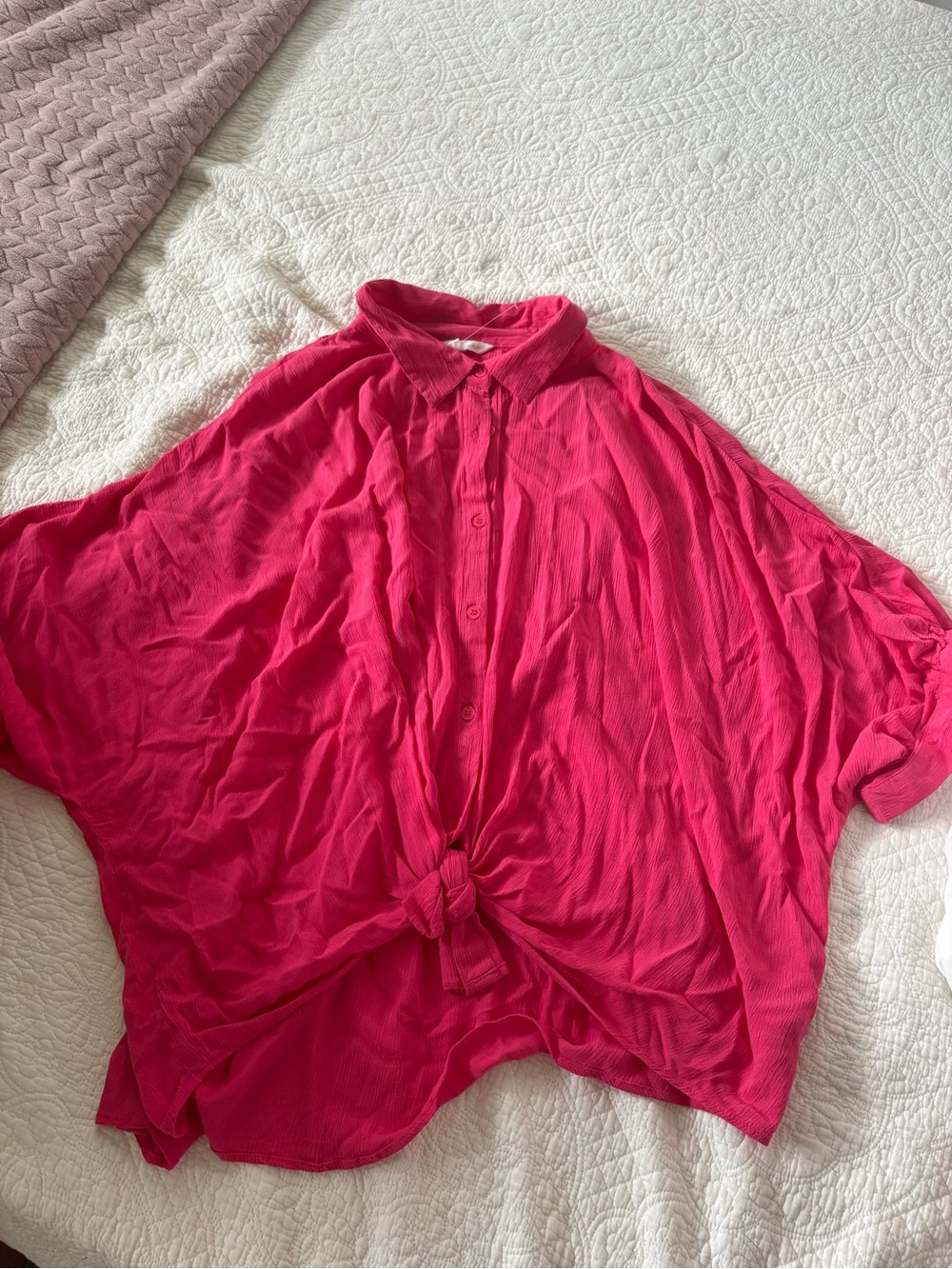 Women’s Bright Pink Button-Front Blouse with Front Knot